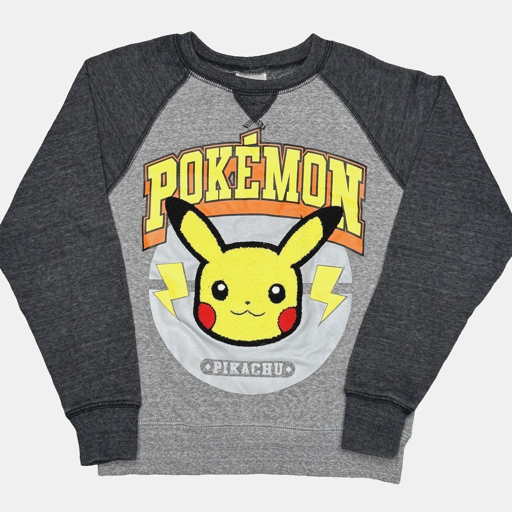 Vtg 90s Pokemon Pikachu Sweatshirt Boys Sz XS Gray Black Raglan Crewneck Graphic